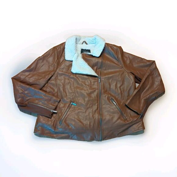 Torrid Faux Leather Jacket Womens 1X Brown Sherpa Lined Zip Asymmetrical Moto - Picture 1 of 12
